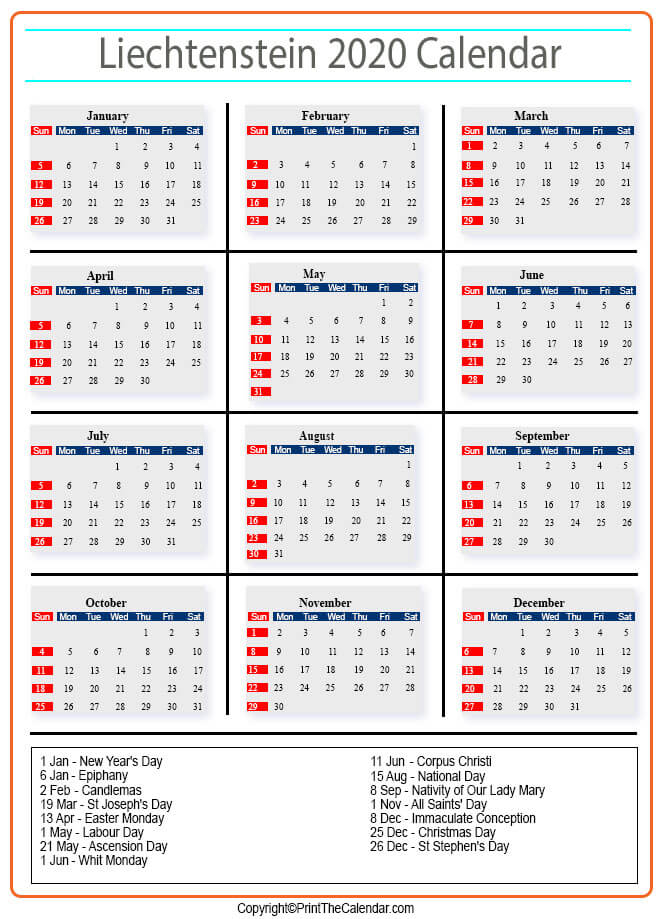 Liechtenstein Calendar 2020